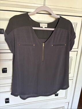 Workshop Republic Clothing Charcoal Zip Front Short Sleeve Blouse